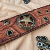 Unique Handcrafted Genuine Tan Leather Texas Star Concho-Adjustable Gift Cuff With Eyelets Wristband Brown
