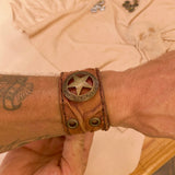 Unique Handcrafted Genuine Tan Leather Texas Star Concho-Adjustable Gift Cuff With Eyelets Wristband Brown