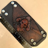 Handcrafted Genuine Vegetal Leather Brown Fleur De Lis Skull Design Cuff - Unisex Gift Skull Leather Bracelet