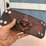 Handcrafted Genuine Vegetal Leather Brown Fleur De Lis Skull Design Cuff - Unisex Gift Skull Leather Bracelet