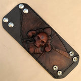 Handcrafted Genuine Vegetal Leather Brown Fleur De Lis Skull Design Cuff - Unisex Gift Skull Leather Bracelet