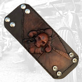 Handcrafted Genuine Vegetal Leather Brown Fleur De Lis Skull Design Cuff - Unisex Gift Skull Leather Bracelet