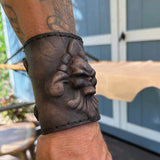 Handcrafted Genuine Vegetal Leather Rustic Black Fleur De Lis Skull Design Cuff - Unisex Gift Skull Leather Bracelet