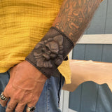Handcrafted Genuine Vegetal Leather Rustic Black Fleur De Lis Skull Design Cuff - Unisex Gift Skull Leather Bracelet