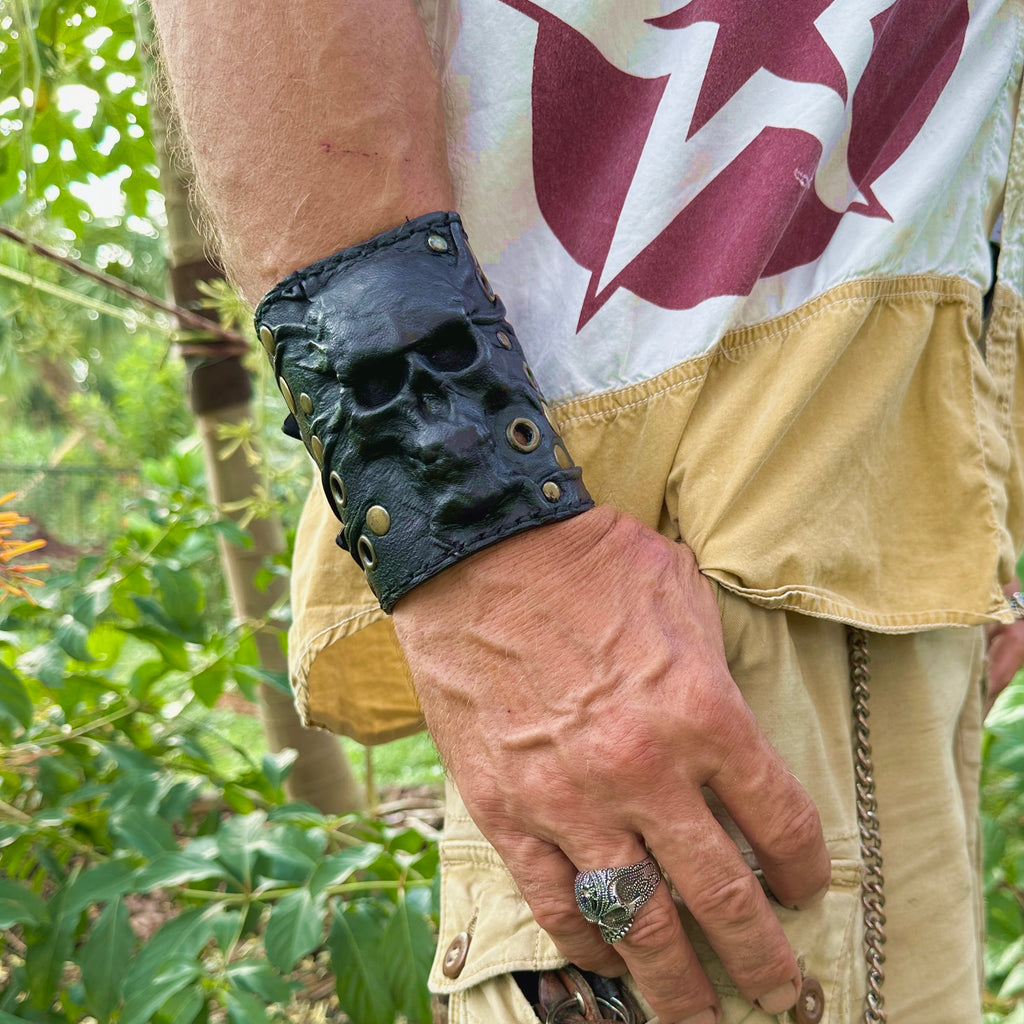 Made to Order Handcrafted Big Black Genuine Leather Embossed Skull Design Cuff Cool Unique Gift Brass Eyelet Bracelet Biker s Wristband