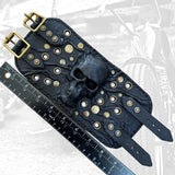 Made To Order-Handcrafted Big Black Genuine Leather Embossed Skull Design Cuff, Cool Unique Gift Brass Eyelet Bracelet-Biker's Wristband