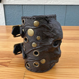 Made To Order-Handcrafted Big Black Genuine Leather Embossed Skull Design Cuff, Cool Unique Gift Brass Eyelet Bracelet-Biker's Wristband