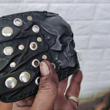 Made To Order-Handcrafted Big Black Genuine Leather Embossed Skull Design Cuff, Cool Unique Gift Chrome Eyelet Bracelet-Biker's Wristband