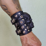 Made To Order-Handcrafted Big Black Genuine Leather Embossed Skull Design Cuff, Cool Unique Gift Chrome Eyelet Bracelet-Biker's Wristband