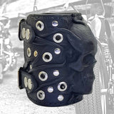 Made To Order-Handcrafted Big Black Genuine Leather Embossed Skull Design Cuff, Cool Unique Gift Chrome Eyelet Bracelet-Biker's Wristband