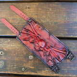 Made To Order Handcrafted Genuine Vegetal Maroon and Black Leather Vampire Skull Design Cuff Unisex Gift Skull Leather Bracelet