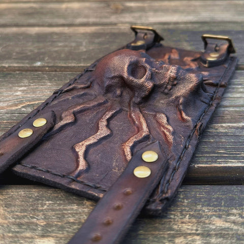 Made To Order-Handcrafted Rustic Brown Color Genuine Leather Bracelet with Embossed Skull Design Unisex Gift &nbsp;Biker's.