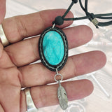 Handcrafted Genuine Vegetal Leather Necklace with Firuze Stone setting-Unique Lifestyle Gift Unisex Fashion Leather Jewelry
