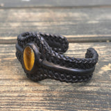 Bohemian Handcrafted Genuine Braided Black Leather Bracelet with Tiger's Eye Stone -Unisex Gift Fashion Jewelry with Natural Stone Cuff