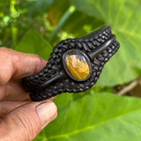 Bohemian Handcrafted Genuine Braided Black Leather Bracelet with Tiger's Eye Stone -Unisex Gift Fashion Jewelry with Natural Stone Cuff