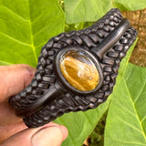 Bohemian Handcrafted Genuine Braided Black Leather Bracelet with Tiger's Eye Stone -Unisex Gift Fashion Jewelry with Natural Stone Cuff