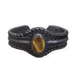 Bohemian Handcrafted Genuine Braided Black Leather Bracelet with Tiger's Eye Stone -Unisex Gift Fashion Jewelry with Natural Stone Cuff