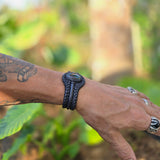 Bohemian Handcrafted Braided Black Vegetal Leather Bracelet with Moss Stone Setting-Unisex Gift Fashion Jewelry Wristband