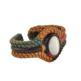 Bohemian Handcrafted Genuine Vegetal Braided Yellow Leather Bracelet with Blue Cat Eye Stone Setting-Unisex Gift Fashion Jewelry Wristband