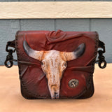 Handcrafted Vegetal Leather Multifunctional Brown Belt Bag with Embossed Longhorn Design – Gift -Versatile Fanny Pack