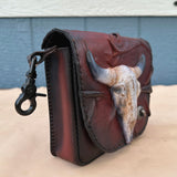Handcrafted Vegetal Leather Multifunctional Brown Belt Bag with Embossed Longhorn Design – Gift -Versatile Fanny Pack
