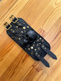 Made To Order-Handcrafted Big Black Genuine Leather Embossed Skull Design Cuff, Cool Unique Gift Brass Eyelet Bracelet-Biker's Wristband