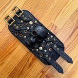 Made To Order-Handcrafted Big Black Genuine Leather Embossed Skull Design Cuff, Cool Unique Gift Brass Eyelet Bracelet-Biker's Wristband