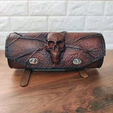 Made to Order-Handcrafted Genuine Brown and Black Leather Front Tool Bag Embossed Skull Design-Gift Harley Davidson-Universal Motorcycle Bag