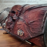 Made to Order-Handcrafted Genuine Brown and Black Leather Front Tool Bag Embossed Skull Design-Gift Harley Davidson-Universal Motorcycle Bag