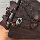 Handcrafted Vegetal Leather Brown Embossed Skull Motorcycle Left Side Saddlebag-Gift Harley Davidson Softail-Universal Swingarm Bag