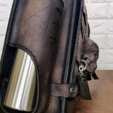 Handcrafted Rustic Gray Vegetal Leather Embossed Skull Motorcycle Left Side Saddlebag-Harley Davidson Softail-Universal Swingarm Bag