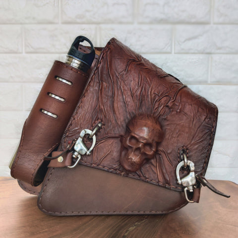 Handcrafted Brown Vegetal Leather Embossed Skull Motorcycle Left Side Saddlebag-Harley Davidson Softail-Universal Swingarm Bag