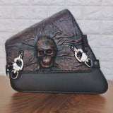 Handcrafted Rustic Black Leather Embossed Skull Motorcycle Left Side Saddlebag-Harley Davidson Softail-Universal Swingarm Bag