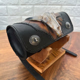 Made To Order-Handcrafted Black and Brown Leather Front Fork Bag Embossed Longhorn Design-Gift Harley Davidson and Universal Motorcycle Bag