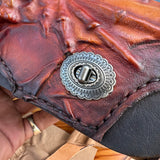 Made To Order-Handcrafted Black Brown Leather Front Fork Bag Embossed Vampire Skull Design-Gift Harley Davidson and Universal Motorcycle Bag