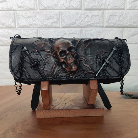Handcrafted Genuine Vegetal Black Leather Front Fork Tool Bag With Embossed Skull Design-Harley Davidson and Universal Motorcycle Bag