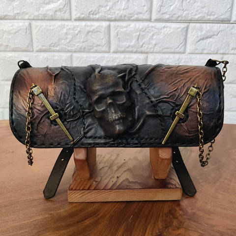 Made To Order-Handcrafted Leather Genuine Rustic Brown Tool Bag With Embossed Skull Design-Harley Davidson and Universal Motorcycle Bag