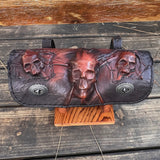 MADE TO ORDER-Handcrafted Leather Brown Rustic Color 3 Embossed Skull Tool Bag-Motorcycle Harley Davidson-Universal Motorcycle Fork Bag