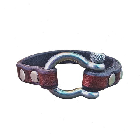 Handcrafted 7 inches fit Brown Genuine Leather Unisex Marine Style Fashion Bracelet Cuff Stainless Steel Shackle  Design Bracelet