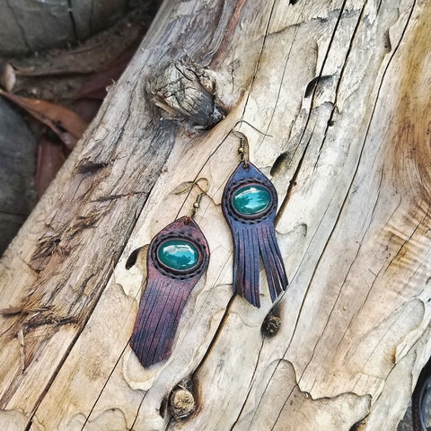 Boho Leather Earring with Green Agate Stone Setting (2265120636982)