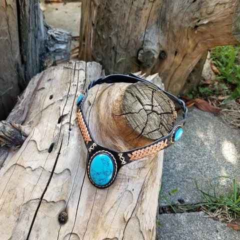 Boho Leather Choker with Turquoise Stone setting (2265121292342)
