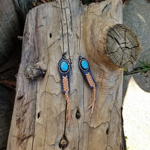 Boho Leather Earring with Turquoise Stone setting (2265121423414)