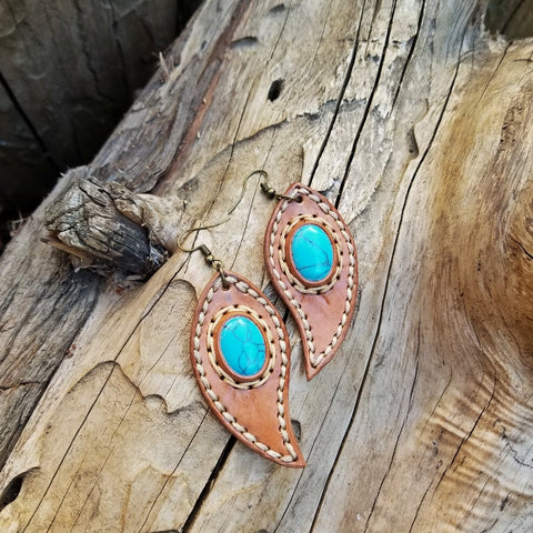Boho Leather Earring with Turquoise Stone Setting (2265122046006)