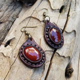 Boho Leather Earring with Red Agate Stone (2265122242614)