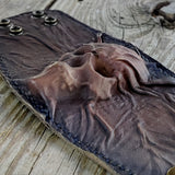 MADE TO ORDER-Handcrafted Genuine Vegetal Leather Dark Brown Skull Design Cuff , Unisex Gift Skull Leather Bracelet