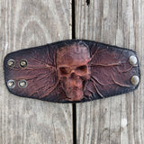 MADE TO ORDER-Unique Handcrafted Genuine Vegetal Leather Dark Brown Skull Design Cuff , Unisex Gift Embossed Skull Leather Bracelet