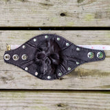 MADE TO ORDER-Handcrafted Genuine Vegetal Leather Black Skull Design Cuff - Unisex Gift Skull Leather Bracelet