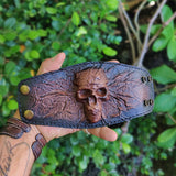Handcrafted Genuine Vegetal Leather Black Skull Design Cuff - Unisex Gift Skull Leather Bracelet