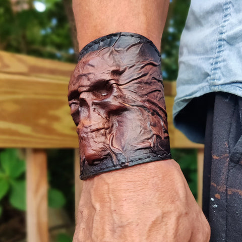 Handcrafted Genuine Vegetal Leather Black Skull Design Cuff - Unisex Gift Skull Leather Bracelet