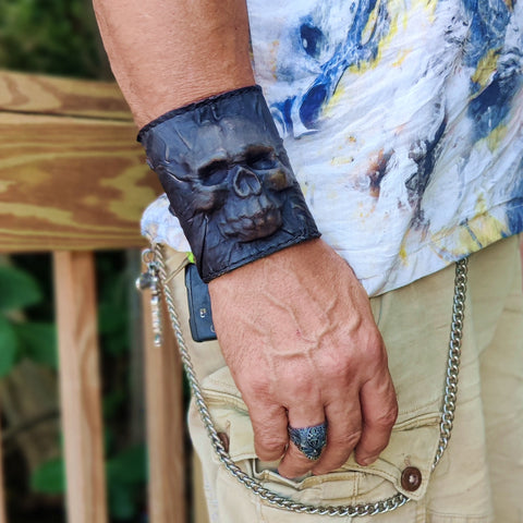 MADE TO ORDER Handcrafted Genuine Vegetal Leather Black  Embossed Skull Design Cuff-Unisex Gift Skull Leather Bracelet Wristband